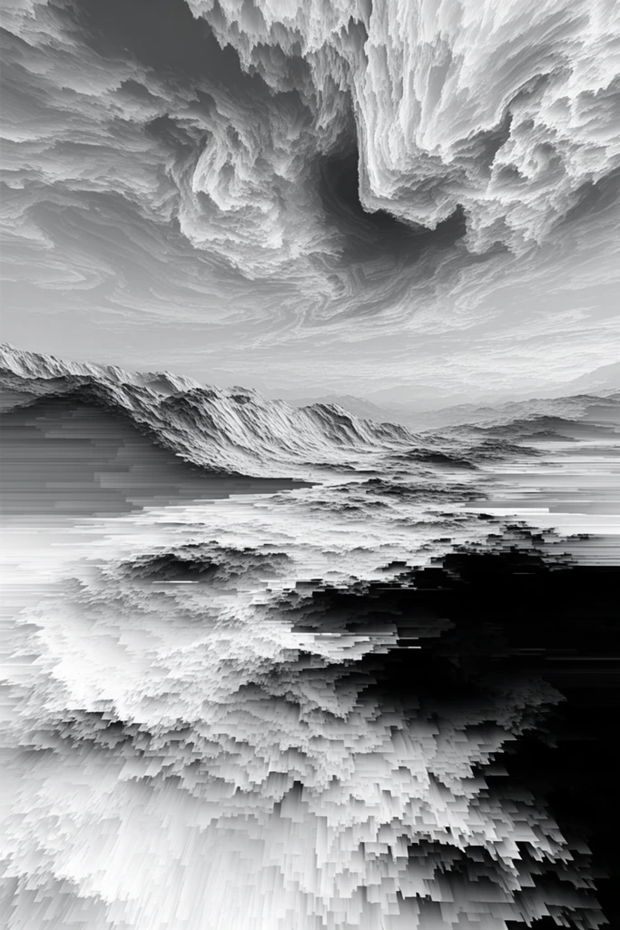 Monochrome Glitch Fragmentation style AI image example 2