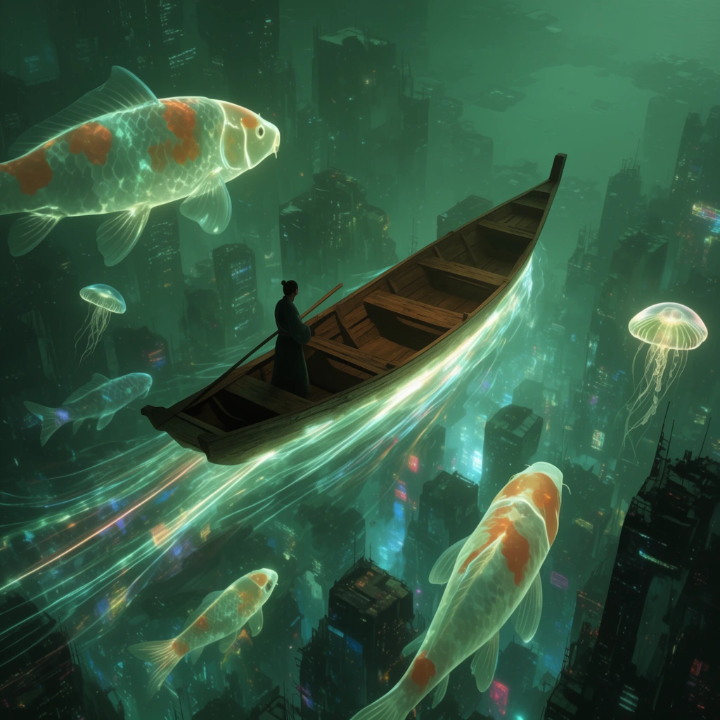A wooden boat navigated by a lone figure floats above a futuristic cityscape bathed in murky emerald green light. Glowing, translucent giant koi fish and jellyfish swim alongside the aerial vessel. Luminous energy trails stream from the hull. Below, blocky skyscrapers glow with scattered neon illumination. The high-angle digital illustration merges ancient transport with a high-tech metropolis in a surreal, submerged environment.