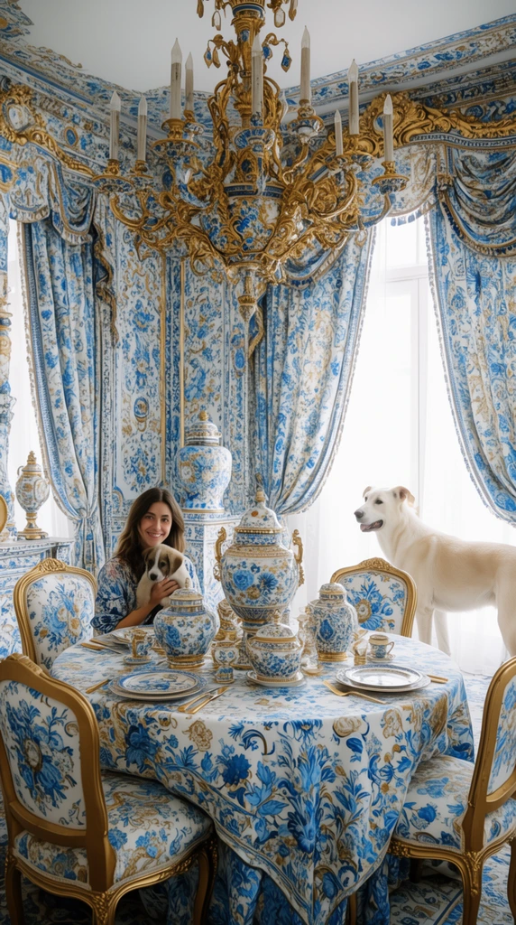 A woman holding a puppy sits at an opulent dining table in a maximalist room covered entirely in intricate blue, white, and gold floral patterns. A large pale dog stands by a bright window. The extravagant scene features ornate gold-framed chairs, matching drapery, elaborate porcelain centerpieces, an intricate golden chandelier, and soft, airy natural lighting.