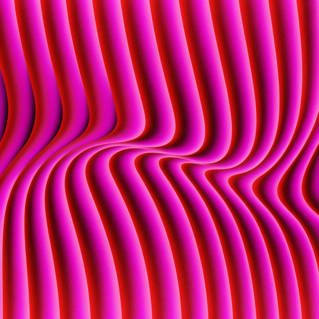 Undulating, three-dimensional vertical waves in vibrant magenta and deep crimson create a mesmerizing abstract composition. The curved, corrugated forms flow fluidly, bending near the center to form a dynamic optical illusion of depth. Intense gradient shading transitions from bright pink highlights on the rounded ridges to dark shadows in the deep crevices. A pronounced, uniform stippled grain texture overlays the entire surface, giving the smooth, tubular folds a tactile visual rhythm.