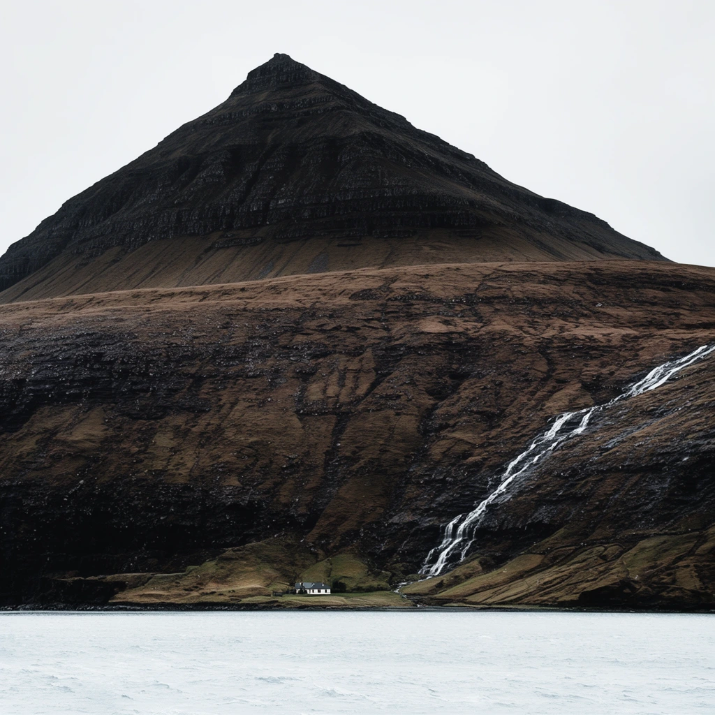 imposing dark pyramidal mountain, thin cascading waterfall on rugged slope, tiny white house at the base, choppy pale water foreground, flat overcast sky, muted earthy tones, stark scale contrast, dramatic desolate landscape photography