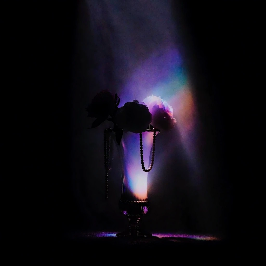 cinematic close-up of a polished metallic vase filled with lush peonies and cascading strands of pearls, centered in a dark minimalist void, illuminated by a single dramatic overhead spotlight, featuring rich volumetric purple and violet light with subtle iridescent rainbow diffraction, ethereal hazy atmosphere, moody noir aesthetic, high-contrast lighting, luxury textures, reflective chrome finish, soft organic floral details, shimmering nacreous pearls, deep indigo shadows, vertical compositio