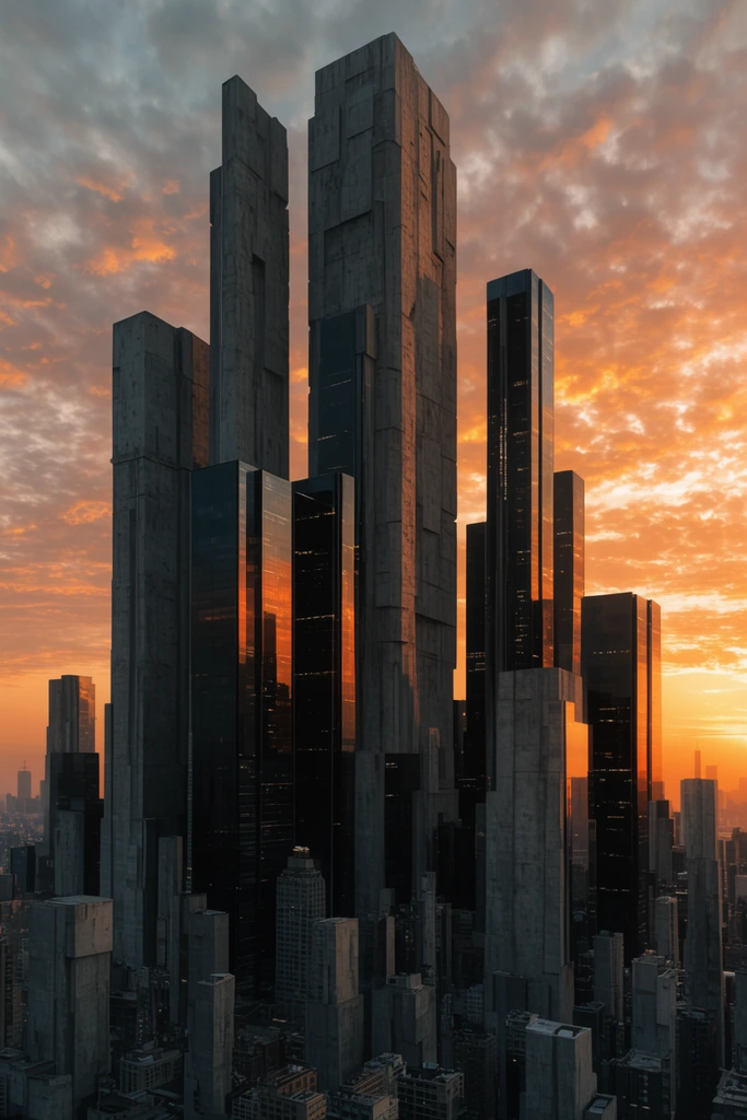 A dense urban cityscape of futuristic brutalist skyscrapers under a vibrant sunset. Monolithic concrete structures contrast with sleek black glass facades reflecting warm orange light. Cinematic, high-contrast lighting emphasizes the imposing scale and verticality of the architectural cluster.