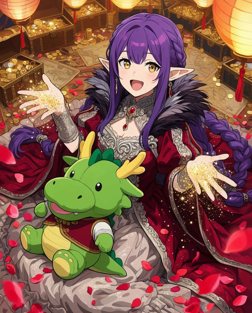 young female anime elf, long braided violet hair, golden eyes, joyful open-mouthed smile, elaborate crimson and silver aristocratic gown with feathered collar, sitting playfully, tossing shimmering gold glitter, large plush green dragon toy in matching crimson vest on her lap, surrounded by glowing paper lanterns, overflowing treasure chests, scattered vintage maps, falling rose petals in the foreground, vibrant anime illustration, energetic festive composition, detailed cel-shading, rich warm color palette, top-down angled perspective