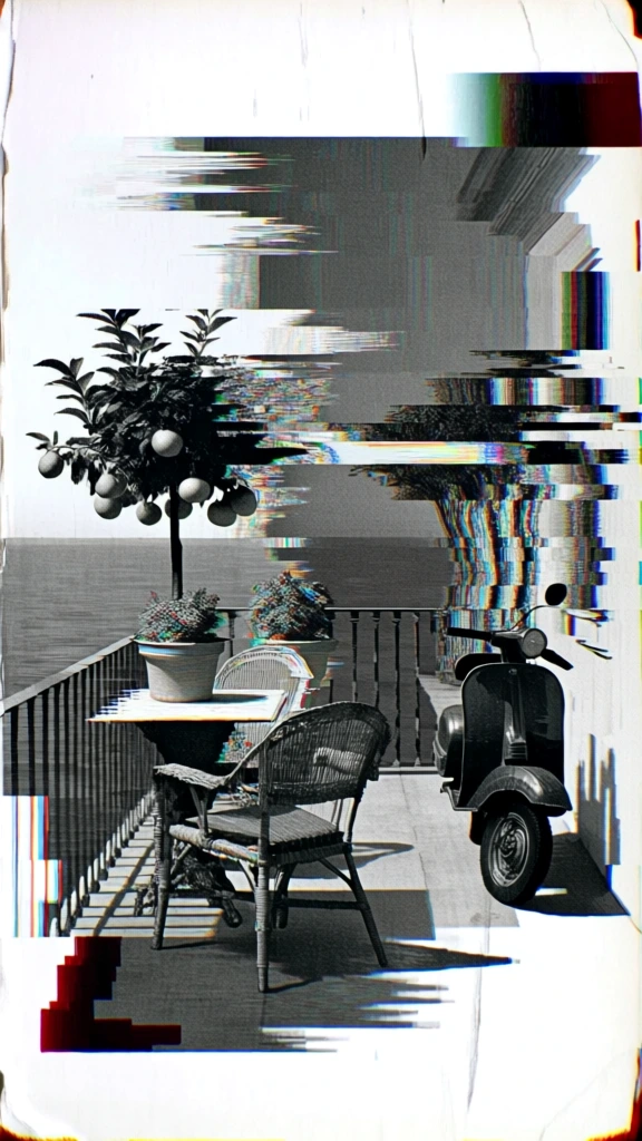 a balcony scene overlooking water with a fruit tree, two potted plants, two wicker chairs, and a table on the left, a motor scooter parked near trees on the right, all rendered in a heavy digital glitch style, featuring extreme horizontal displacement, vertical pixel smearing, chromatic aberration with prismatic cyan and red fringes, scanline artifacts, high-contrast monochrome tones with rainbow light leaks, textured vintage paper grain, and a fragmented surrealist composition.