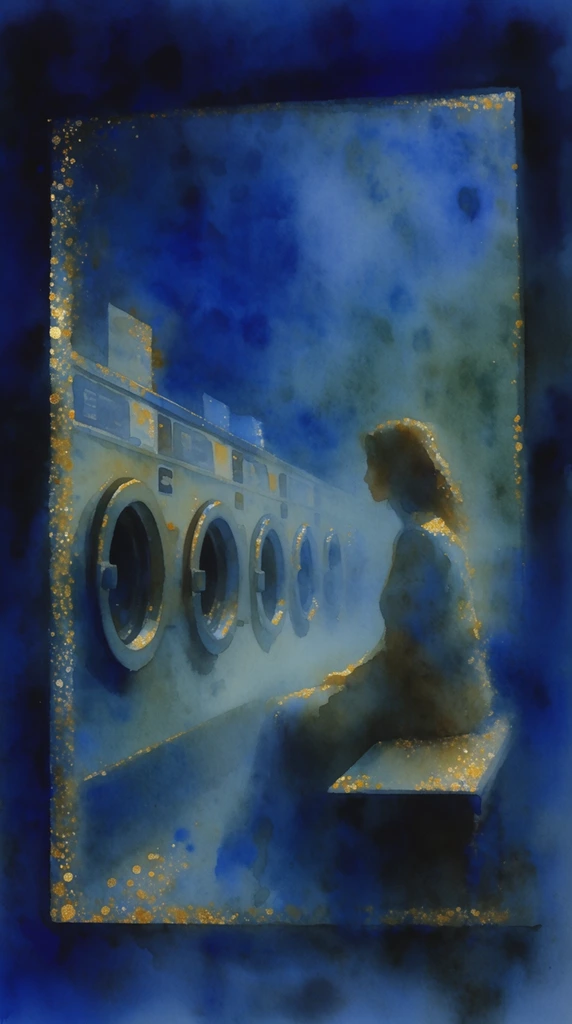 A view through a window into a laundromat rendered in an ethereal, deep blue watercolor wash, where a woman sits on a bench facing a long row of washing machines. The woman's figure and the repeating circular forms of the washing machine doors emerge softly from a rich, mottled background composed of deep ultramarine, cobalt, and muted teal hues. Luminous, scattered speckles of bright gold and ochre dust the edges of the window frame, the woman's silhouette, and the curves of the machines, creating a glittering, textured contrast against the moody, shadowy environment. The artistic technique features granular washes, soft sfumato blending, and diffused edges, mimicking wet-on-wet painting or heavily thinned oils. The scene possesses a tonalist, dreamlike atmosphere, with dark, dense blue shadows pooling at the periphery, focusing a soft, hazy illumination on the central figures and laundry equipment.