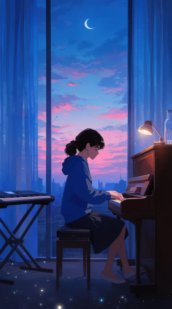 A young woman in a blue hoodie and dark skirt plays an upright piano in a high-rise room beside a large window. Viewed in profile, her hands press the keys beneath the warm glow of a small desk lamp resting on the piano next to a glass bottle. An electronic keyboard sits on a stand to the left. Sheer blue curtains frame the floor-to-ceiling glass, revealing a distant city skyline silhouetted against a vibrant twilight sky of pink clouds, deep blue gradients, and a thin crescent moon. The 2D digital illustration features an atmospheric anime-inspired style, dominated by rich cool blues and warm pink contrasts, with soft glowing motes drifting near the dark floor.