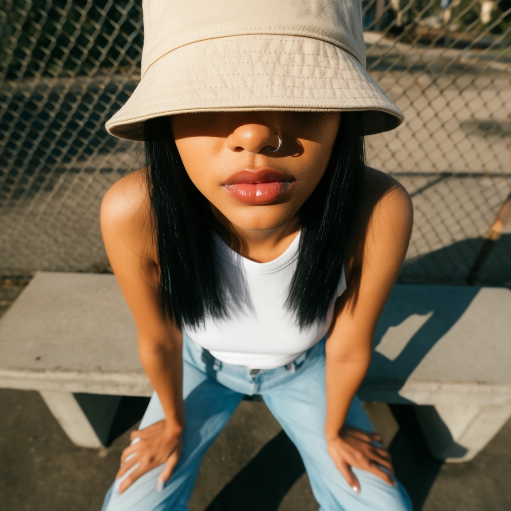 A high-angle, wide-lens portrait of a young woman leaning forward on a concrete bench. A beige bucket hat obscures her eyes, revealing a nose ring, glossy lips, and straight black hair. She wears a white ribbed tank top and light blue jeans, hands resting on her thighs. Shot in harsh outdoor sunlight, the street style photography features deep shadows, warm tones, and a blurred chain-link fence background, emphasizing striking perspective distortion.