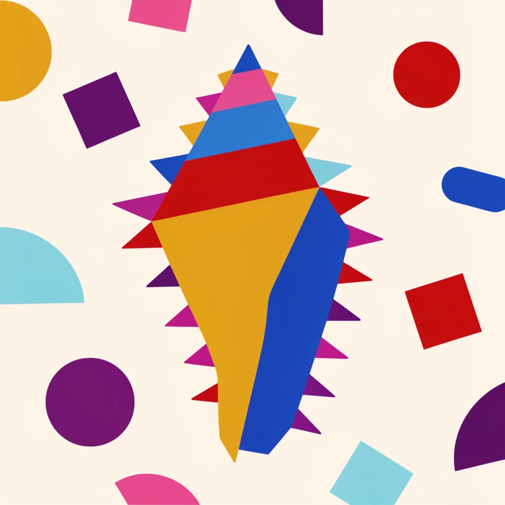 A single pointed seashell with spikes rendered as a flat, minimalist vector illustration composed purely of primitive geometric shapes. The central seashell is constructed from flat blocks of vibrant color, featuring a sharply angled triangular apex and distinct geometric triangles protruding outward as spikes along its exterior edges. The strict flat color palette applies bold mustard yellow, royal blue, crimson red, magenta, deep purple, and light cyan directly to the precise forms. The surrounding environment is a solid, warm off-white cream background scattered with floating abstract geometric elements, including perfect circles, solid squares, quarter-circles, and curved pill shapes in matching vibrant hues. The entire composition is built exclusively from crisp vector edges, continuous solid color fills, and stark two-dimensional color blocking, embodying a modern, stylized corporate illustration aesthetic.