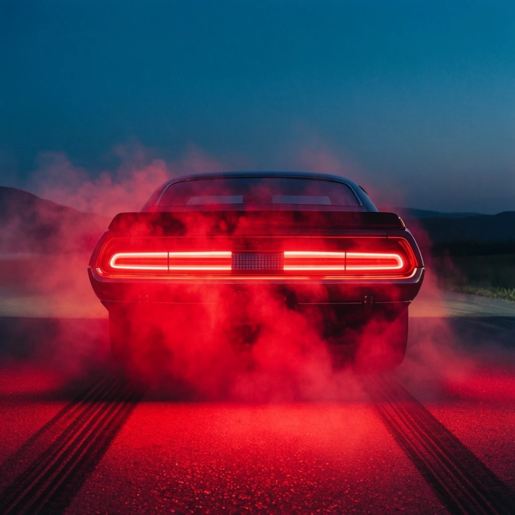 rear view of a dark muscle car, wide continuous glowing red LED taillight bar, thick billowing red smoke, asphalt road with tire marks, deep blue twilight sky, distant dark hills, intense crimson glow illuminating the fog and ground, cinematic lighting, moody retrowave aesthetic