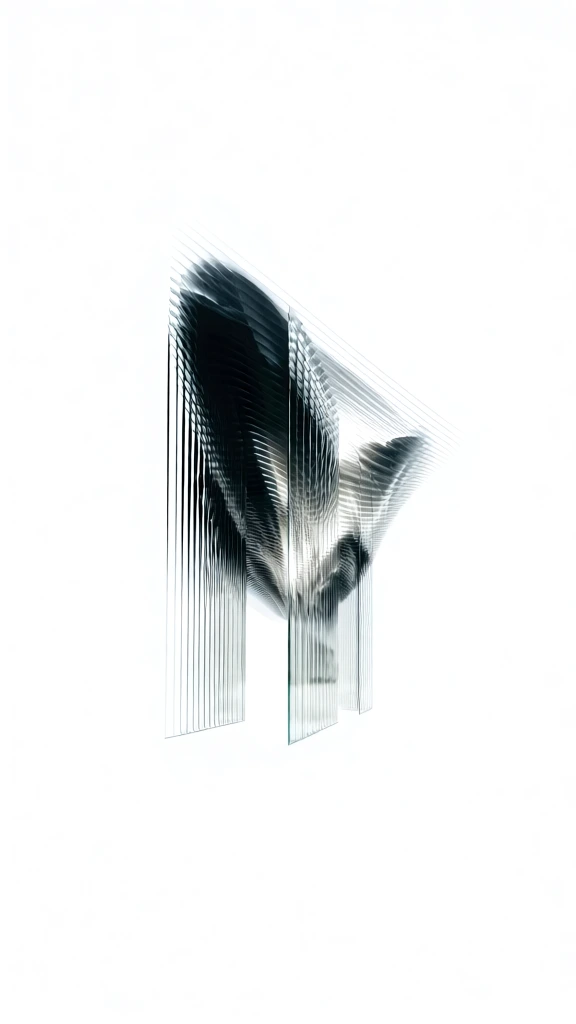 ultra-minimalist high-key architectural render of a vast empty lobby, towering soaring ceilings defined by rhythmic vertical glass fins, monumental tall glass doors appearing as weightless translucent planes, monochromatic palette of deep obsidian and brilliant white, overexposed ethereal limbo lighting, internal glow diffusing through layered parametric glass ribs, sharp caustic reflections, floating composition in a stark white void, hyper-refined clean aesthetic, high-signal sculptural geomet