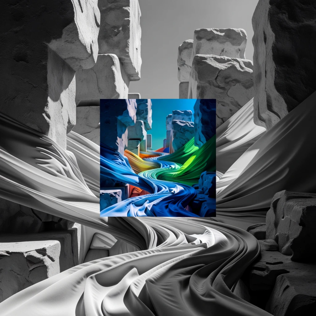 pathway of flowing draped fabric winding through monolithic stone-like structures, a centered geometric square overlay containing vivid color and saturated textures while the surrounding environment remains in high-contrast grayscale, architectural minimalist aesthetic, sharp focus on textile folds and weathered stone, dramatic spatial juxtaposition, editorial graphic composition, seamless transitions across frame boundaries, cinematic perspective, professional high-end commercial photography