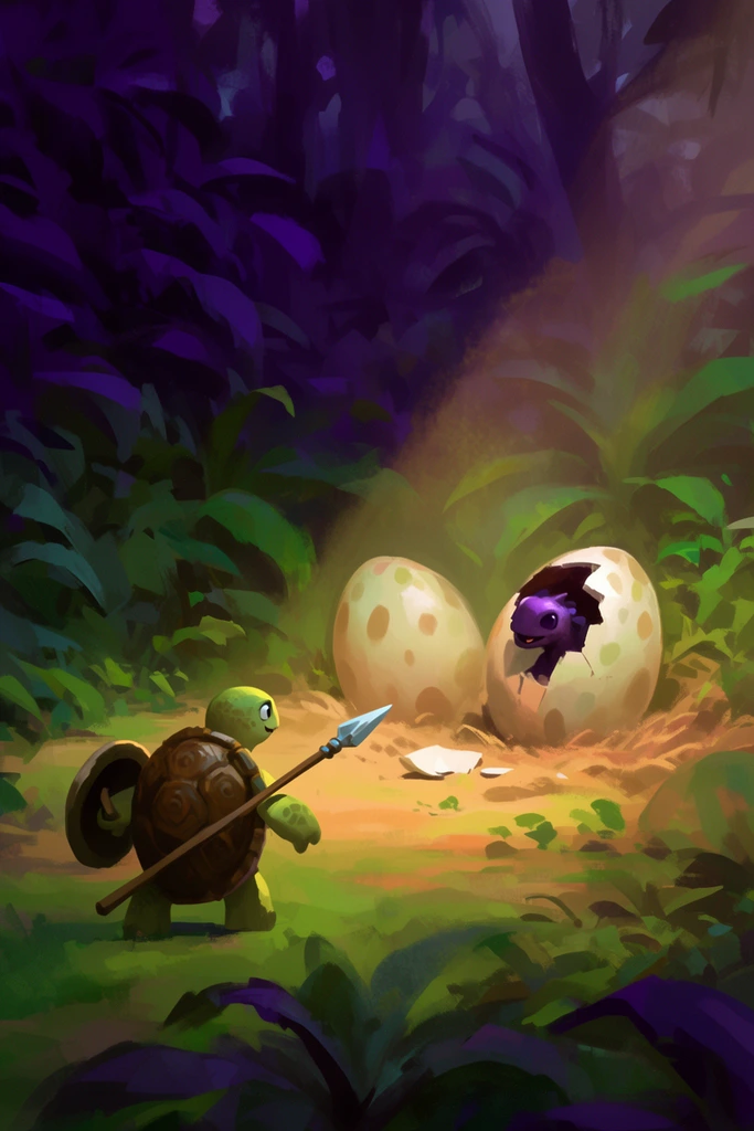 A bipedal turtle-like warrior wielding a spear and shield approaches two giant speckled eggs in a dense jungle clearing. One shattered egg reveals a dark purple creature inside. The digital painting features loose brushstrokes, contrasting deep violet shadowy foliage with a warm, hazy beam of light illuminating the nest.