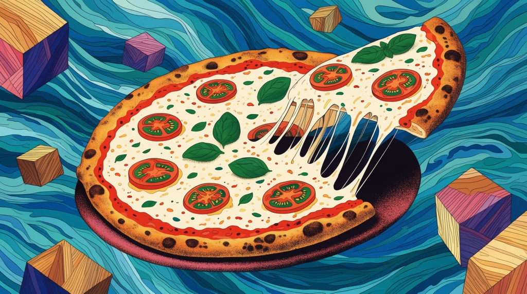 Floating Margherita pizza, stretching cheese ribbons, swirling teal and blue waves, scattered geometric woodgrain blocks, vibrant surrealist pop art, stipple shading