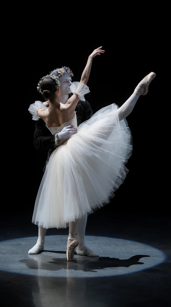 ballet dancer on pointe in a white tutu, leg extended high, supported by a partially obscured male partner in a dark jacket, pale skin, floral headpiece, pure black background, dramatic circular spotlight on dark stage floor, sharp cast shadows, high contrast theatrical lighting
