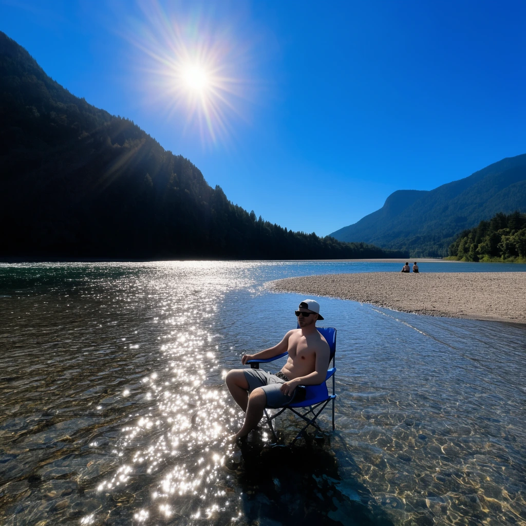 A shirtless man in a backwards cap and sunglasses sits in a blue camp chair placed in shallow, clear water. A brilliant midday sun creates a starburst flare in the blue sky, scattering intense glittering highlights across the rippled river. Dark forested mountains frame the wide waterway, while a pebbly sandbar with two distant figures extends from the right. Wide-angle summer landscape photography.
