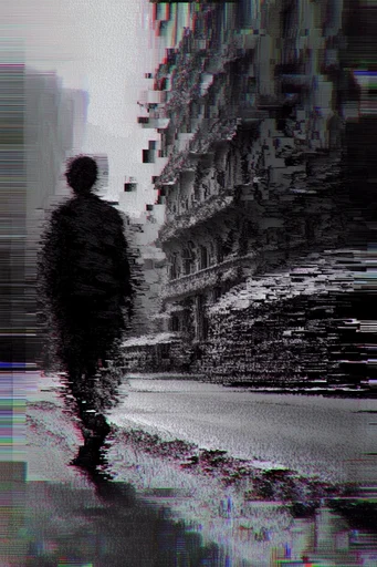 Monochrome Glitch Noir style reference image — monochrome glitch art