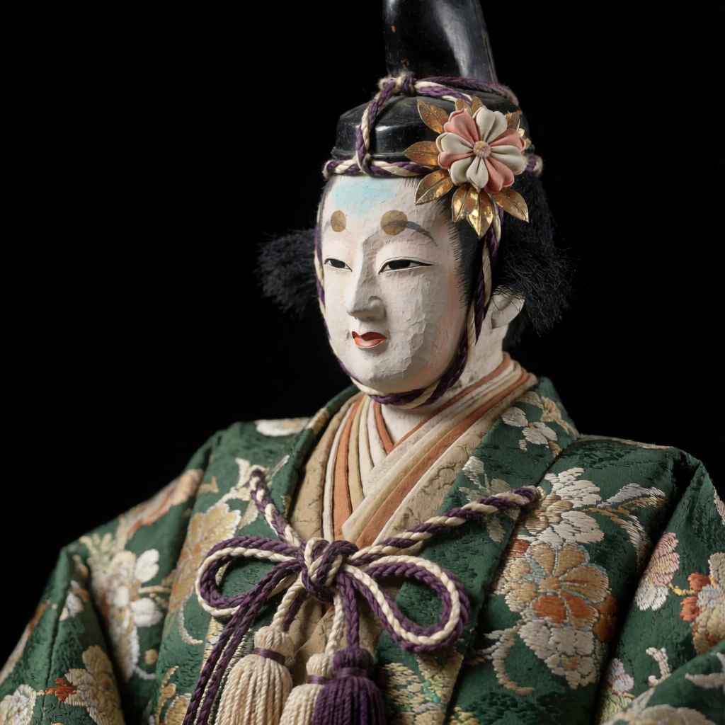 A close-up portrait shows a traditional Japanese puppet dressed in an ornate green floral kimono against a solid black background. The puppet features a white, textured face with slender, closed eyes and two small gold-brown circles for eyebrows. A faint light blue pigment is visible on the upper forehead. It wears a tall, black lacquered hat secured by a twisted purple and cream cord that wraps around the chin. A delicate pink and cream silk flower ornament with metallic golden leaves is tucked into the left side of its head. The puppet's attire consists of a dark green silk kimono featuring intricate woven patterns of light-colored flowers and swirling leaves. Beneath the green outer layer, multiple tan and beige fabric collars are layered at the neck. Thick, braided purple and cream cords are tied in a complex knot across the chest, with long tassels hanging down the front. Small tufts of coarse black hair protrude from the sides of the head. The lighting originates from the upper right, casting soft shadows that highlight the puppet's facial features and the deep folds of its silk garments. The composition is a medium close-up, focusing on the upper torso and head, set against a stark, featureless background that emphasizes the rich textures and colors of the puppet's craftsmanship.