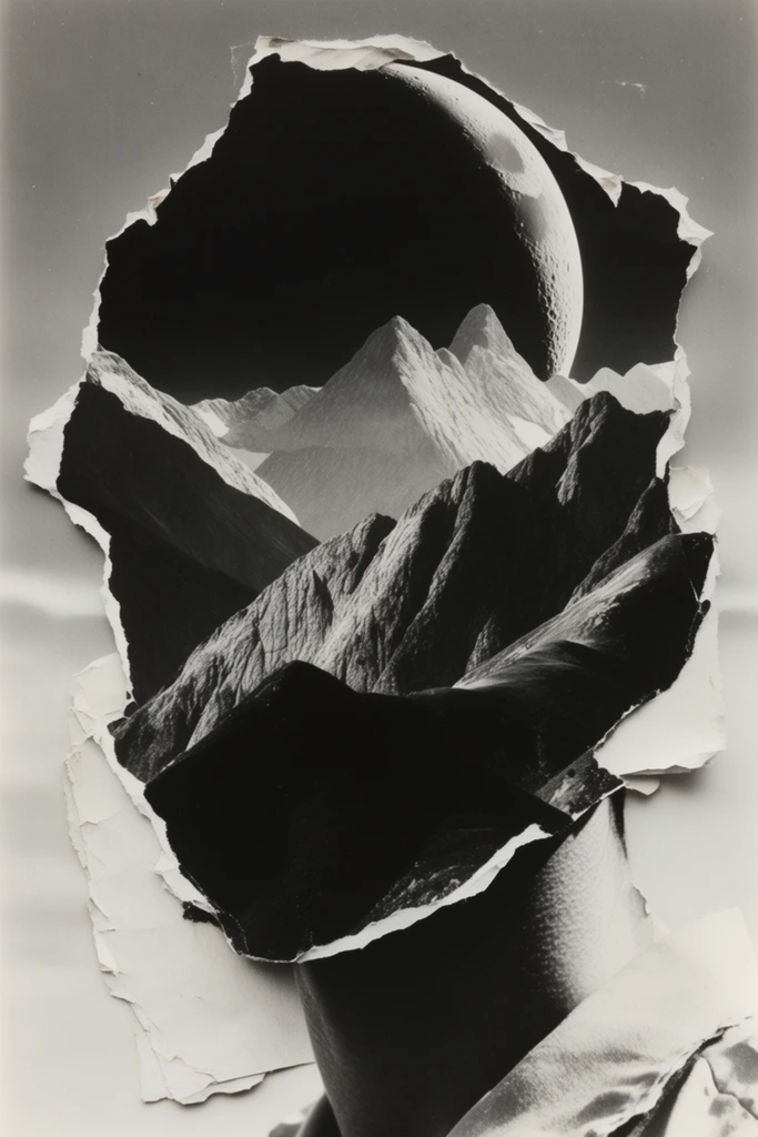Monochrome Surrealist Collage style AI image example 2