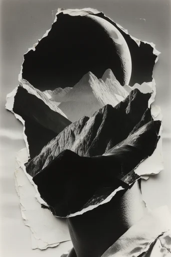 Monochrome Surrealist Collage style reference image — torn paper edges