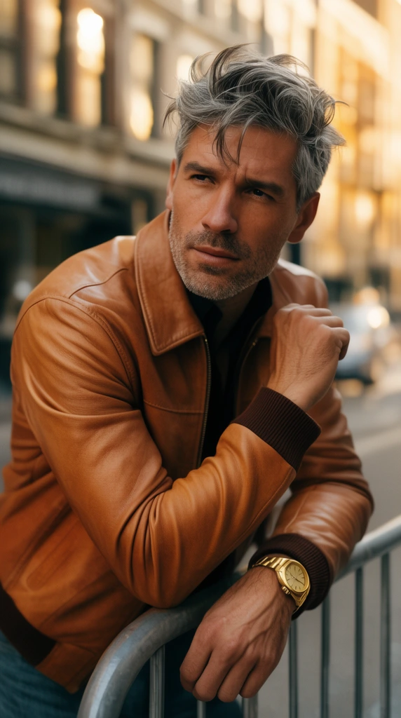 Handsome man leaning on metal railing, tousled grey-streaked hair, stubble, tan leather jacket, gold watch, blurred urban street, warm sunlight, shallow depth of field, cinematic fashion portrait