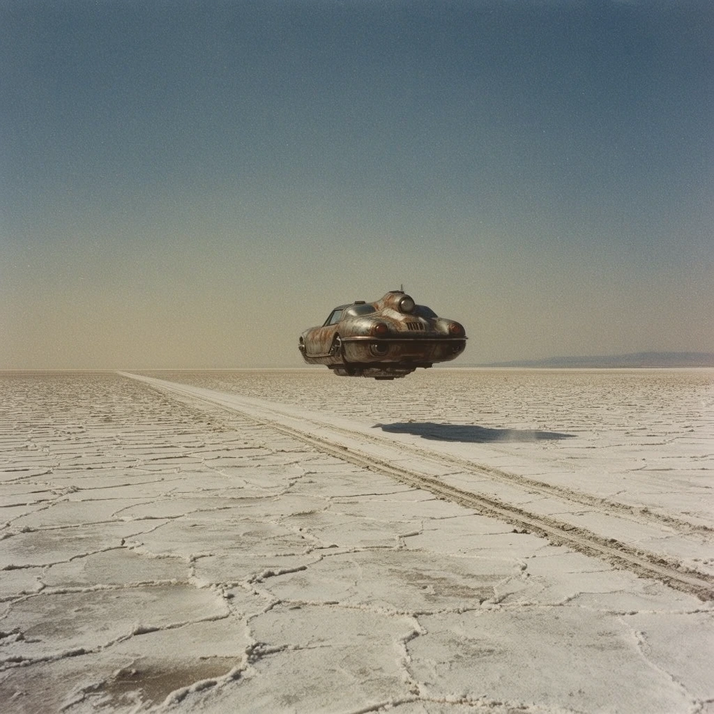 A rusted, retro-futuristic hover-skiff flying away from the viewer over a vast expanse of cracked white salt flats. The vehicle hovers low above the geometric fractures of the ground. A set of tire tracks cuts diagonally across the desolate landscape, trailing toward the hazy, distant horizon. The expansive sky is a continuous gradient shifting from pale, dusty ochre at the horizon to a muted steel blue overhead. Shot on grainy 35mm film with a wide cinematic aspect ratio, emphasizing extreme isolation and a stark, minimalist atmosphere. Harsh, midday natural daylight illuminates the environment, highlighting the weathered metallic textures of the receding craft against the parched, textured terrain.