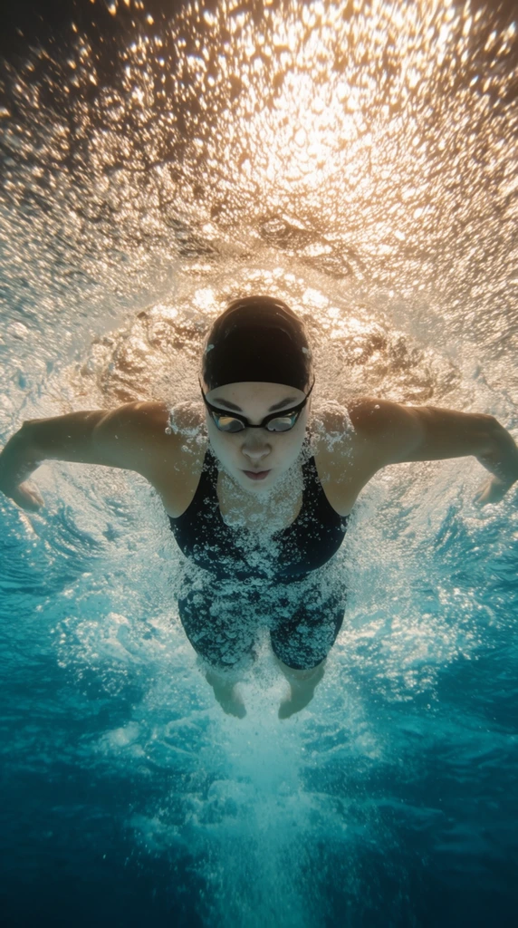 An underwater photograph taken from a low angle captures a female swimmer executing the butterfly stroke directly toward the lens. Wearing a black swim cap, goggles, and a dark swimsuit, her arms are extended outward amidst a flurry of turbulent white bubbles. Above her, the water's surface forms a highly textured, shimmering canopy of bright golden-white sunlight. The surrounding aquatic environment transitions dramatically from this intense, rippled overhead brightness to a deep, rich turquoise in the lower frame.
