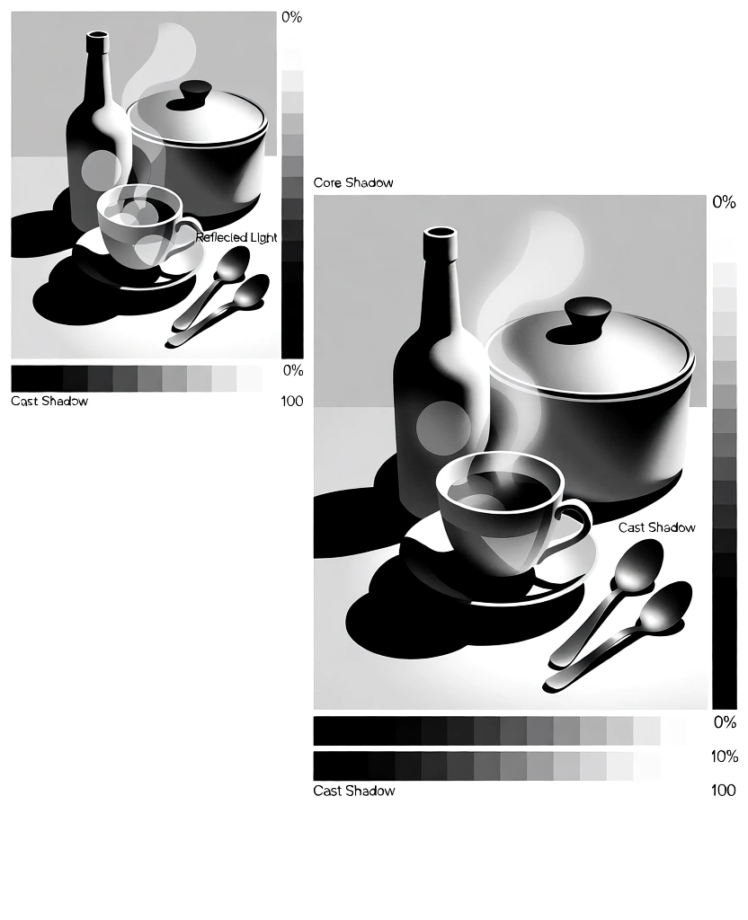 a technical grayscale instructional diagram of a steaming teacup, saucer, and two spoons before a bottle and covered pot, rendered with precise vector value gradients and hard-edged cast shadows, organized into a clinical multi-panel study of light-key transitions, including labeled zones for core shadows and reflected light, high-contrast monochromatic palette, minimalist analytical aesthetic, clean bold sans-serif annotations, and systematic 0-100% grayscale value scales.