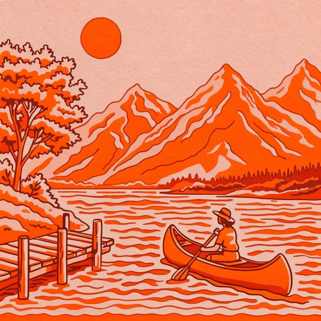 two-tone retro landscape illustration, vibrant orange and pale peach palette, stylized mountains beneath a round sun, person paddling a canoe on wavy water, wooden dock, leafy tree on riverbank, bold organic outlines, vintage screen-print aesthetic, grainy paper texture