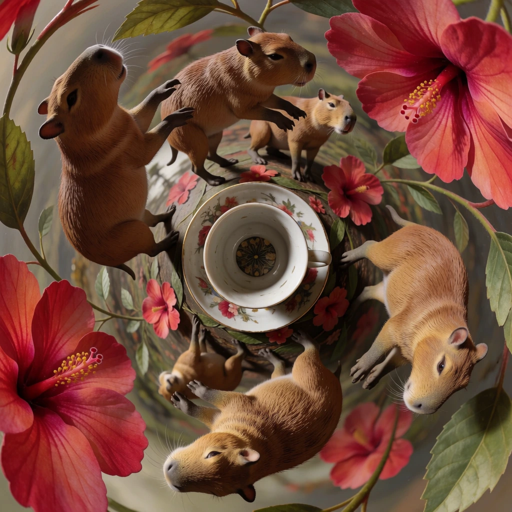 360-degree spherical little planet projection, distorted fish-eye perspective, central high-angle shot of a ceramic mug on a saucer, intricate animal and floral motifs, floating three-dimensional creatures and botanical elements orbiting the central mug like skydivers, bright natural daylight, high-contrast shadows, pale airy blue background, clean minimalist aesthetic, sharp focus on porcelain textures, whimsical surrealist atmosphere, soft pastel and earthy color palette