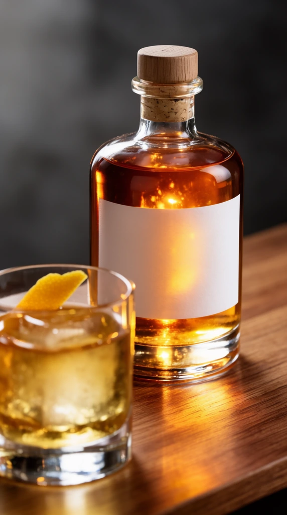 clear glass bottle filled with glowing amber liquid, crisp white paper label, wooden cork stopper, resting on a polished wood grain surface, partially out-of-focus heavy rocks glass in the foreground, golden beverage over a large ice cube, garnished with a citrus peel on the rim, warm dramatic backlighting illuminating the fluid, luminous golden reflections, shallow depth of field, dark grey blurred background, high-end commercial beverage photography