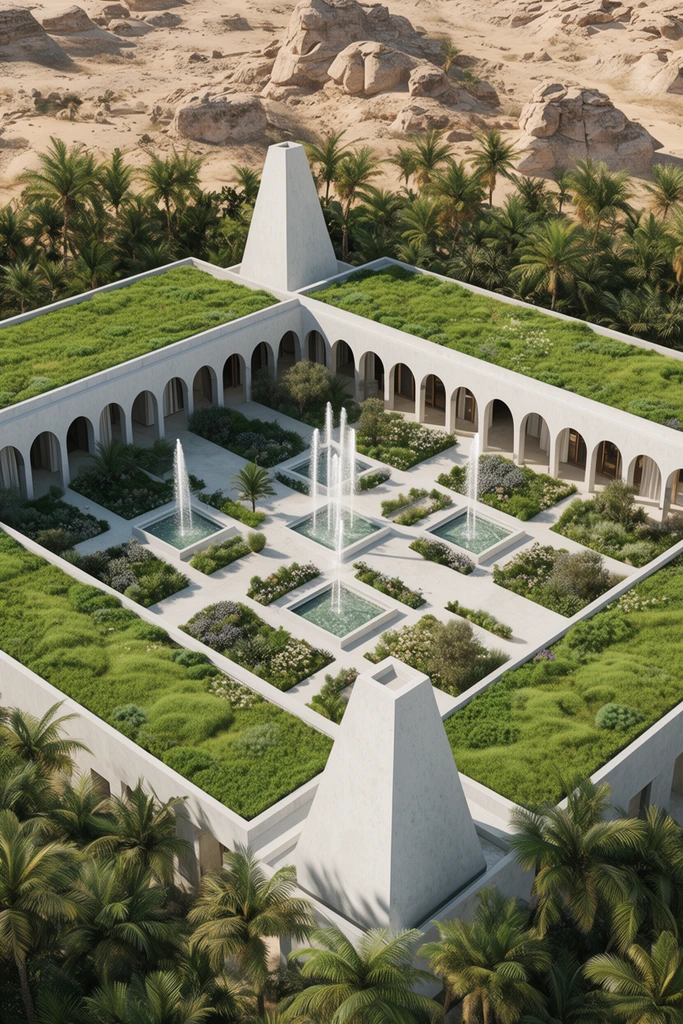 aerial view of a desert oasis eco-resort, white concrete buildings with arched colonnades and vibrant green roofs, central courtyard with geometric gardens and tall water fountains, truncated pyramid towers, lush palm trees, arid rocky landscape, bright sunlight, photorealistic architectural rendering
