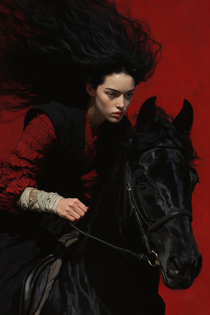A young woman with an intense, focused expression rides a glossy black horse against a solid, textured crimson background. Her voluminous, wildly flowing black hair sweeps upwards and behind her, merging with deep shadows. She wears a black vest over a crimson top with heavily textured, pleated sleeves, alongside pale fabric wrappings around her forearm. Dramatic lighting highlights her pale face, her hand gripping the reins, and the sculpted head of the black horse, creating a stark chiaroscuro contrast against the vibrant red backdrop in a highly detailed painterly composition.