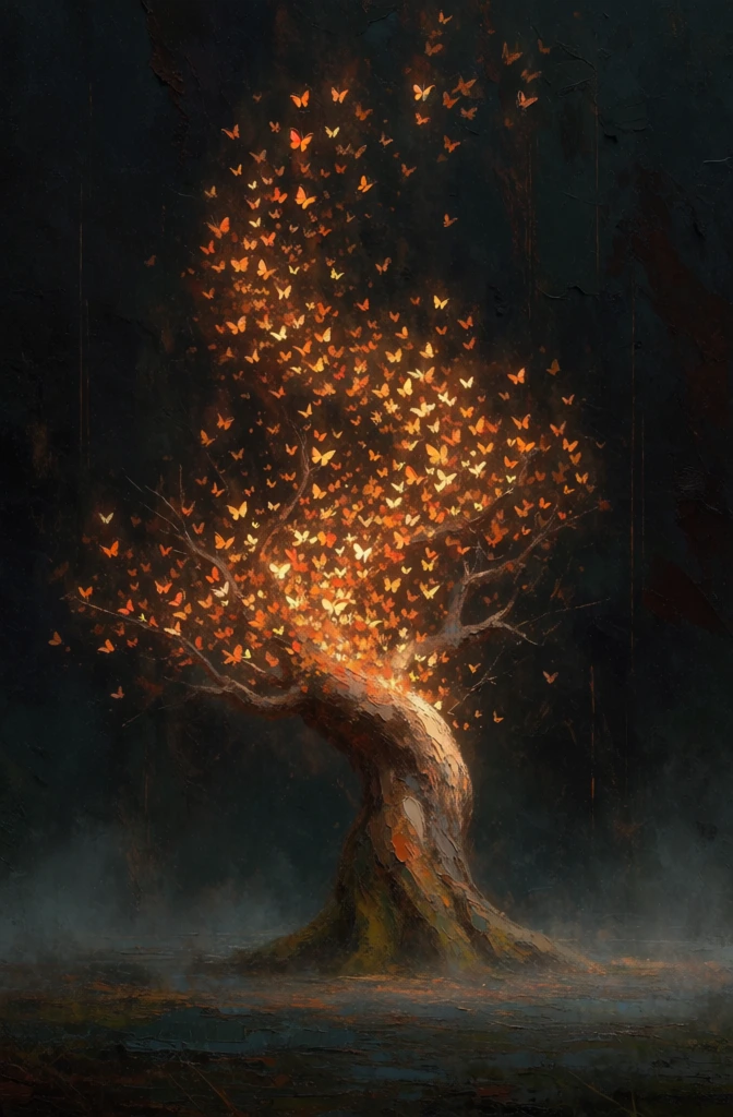 a gnarled central tree standing in a dark tenebrous landscape, erupting with a dense column of luminescent orange butterflies spiraling upward like flickering embers, heavy impasto digital painting style with visible thick brushwork, dramatic chiaroscuro lighting, deep indigo and charcoal atmospheric void, incandescent yellow-orange glow casting warm light onto the bark and misty ground, ethereal surrealism, moody and heavily textured, high-contrast low-key color palette