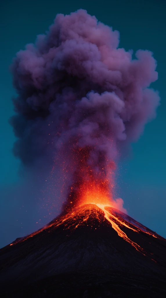 A dramatic twilight volcanic eruption. Bright orange lava streams down a dark conical mountain. A massive purple and gray smoke plume billows upward, scattering glowing embers against a deep teal sky.