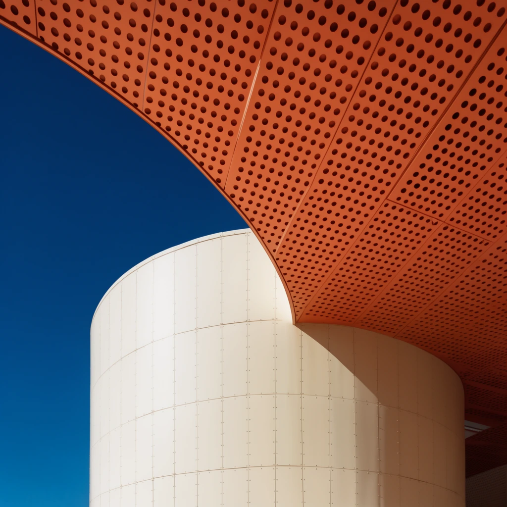 Low-angle architectural photograph of a sweeping terracotta overhang and a cylindrical cream tower against a deep azure sky. The orange canopy features a grid of circular perforations and sleek panel seams. Below, the massive curved white structure is clad in riveted panels, catching bright sunlight that creates bold geometric contrast and striking color blocking.