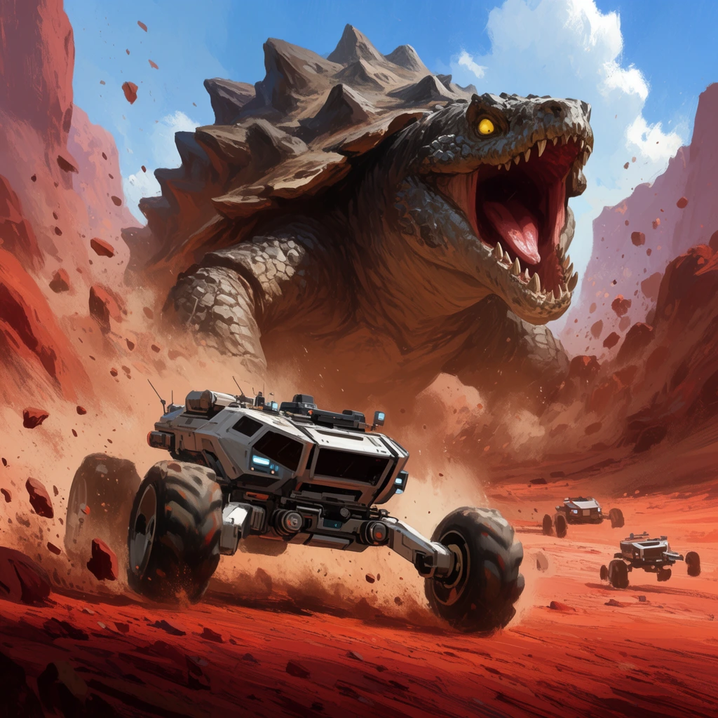 A futuristic multi-wheeled rover tears through a red desert canyon, kicking up heavy dust and rocky debris. Behind it, a colossal mountain-sized reptilian creature with a rocky shell, gaping maw, and glowing yellow eyes emerges from the earth. Smaller rovers trail in the midground. The cinematic digital painting features a dynamic low-angle perspective, contrasting earthy reddish-brown terrain against a bright blue sky.