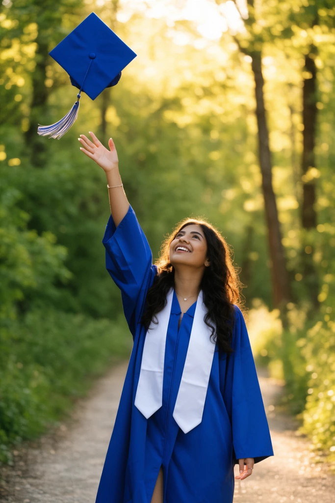 A joyous young woman tosses her blue graduation cap into the air on a nature path. Wearing a royal blue gown and white stole, she smiles upward with one arm extended. Warm golden hour sunlight backlights her dark wavy hair, creating a glowing rim effect. A shallow depth of field blurs the lush green forest background, resulting in a bright, celebratory portrait.