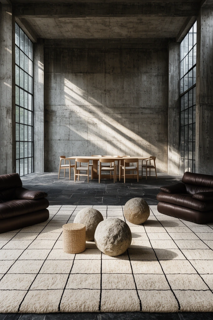 A brutalist concrete interior illuminated by dramatic diagonal sunlight. A large cream rug with a thin black grid holds three rough stone spheres and a woven cylinder, flanked by plush dark brown leather seating. In the background, a light wood dining set rests on dark stone floors between tall gridded windows.