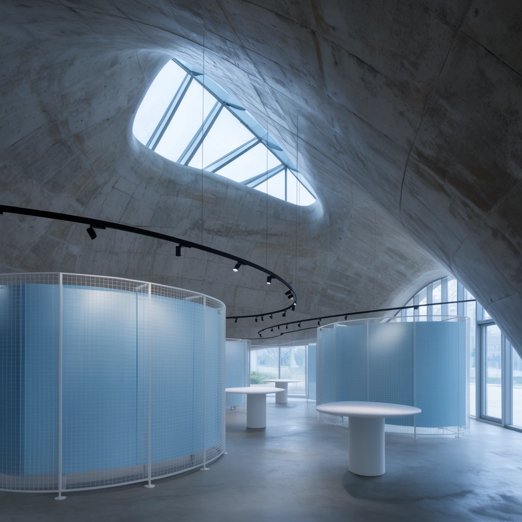sweeping organic raw concrete ceiling, modern exhibition hall, triangular glass skylight, curved pale blue display walls with white metal mesh, suspended curved black track lighting, minimalist white circular pedestal tables, smooth concrete floor, large glass windows, cool diffuse daylight