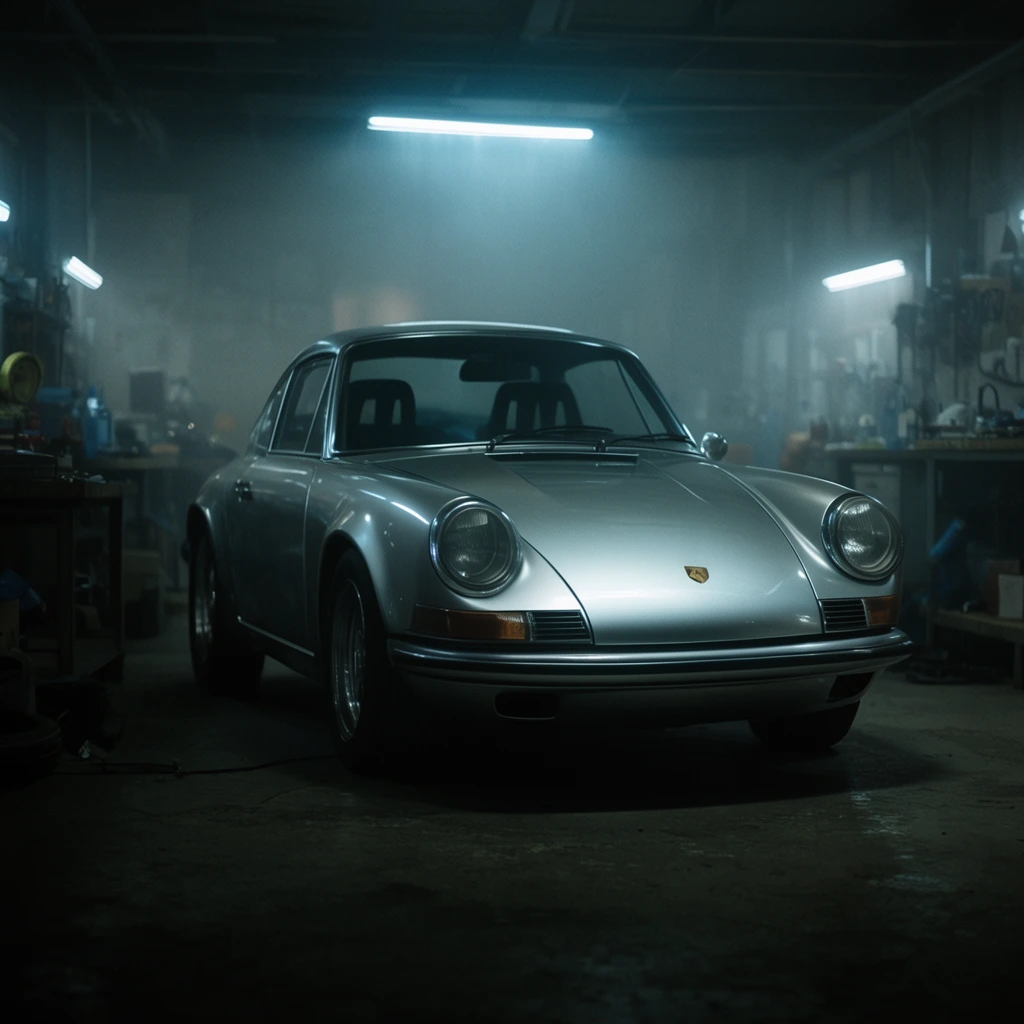classic silver sports car in dimly lit workshop, round headlights, volumetric fog in background, cool fluorescent lighting, workbenches, cinematic shadows