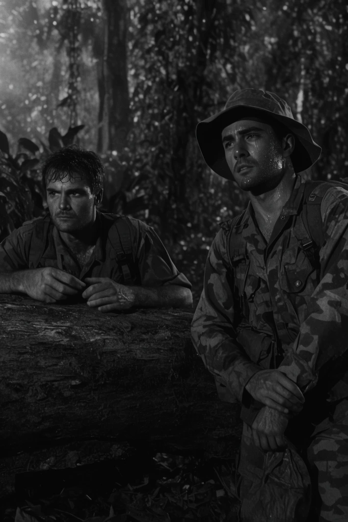 black and white cinematic shot, two weary soldiers resting by a massive fallen log in dense jungle, left man leaning on elbows, right man sweating in wide-brimmed hat and camouflage, dramatic high-contrast lighting, widescreen film framing