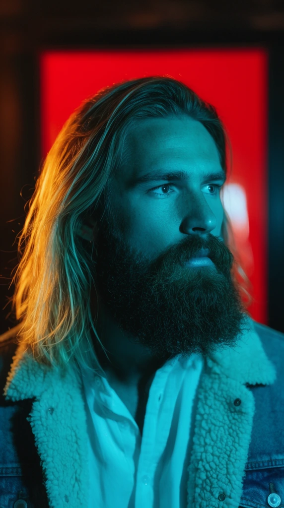 Close-up portrait of a man with long blonde hair and a thick dark beard looking right, wearing a white shirt and sherpa-lined denim jacket. Intense cyan lighting bathes his face, contrasted by an amber rim light on his hair and a glowing red rectangular panel in the dark background.