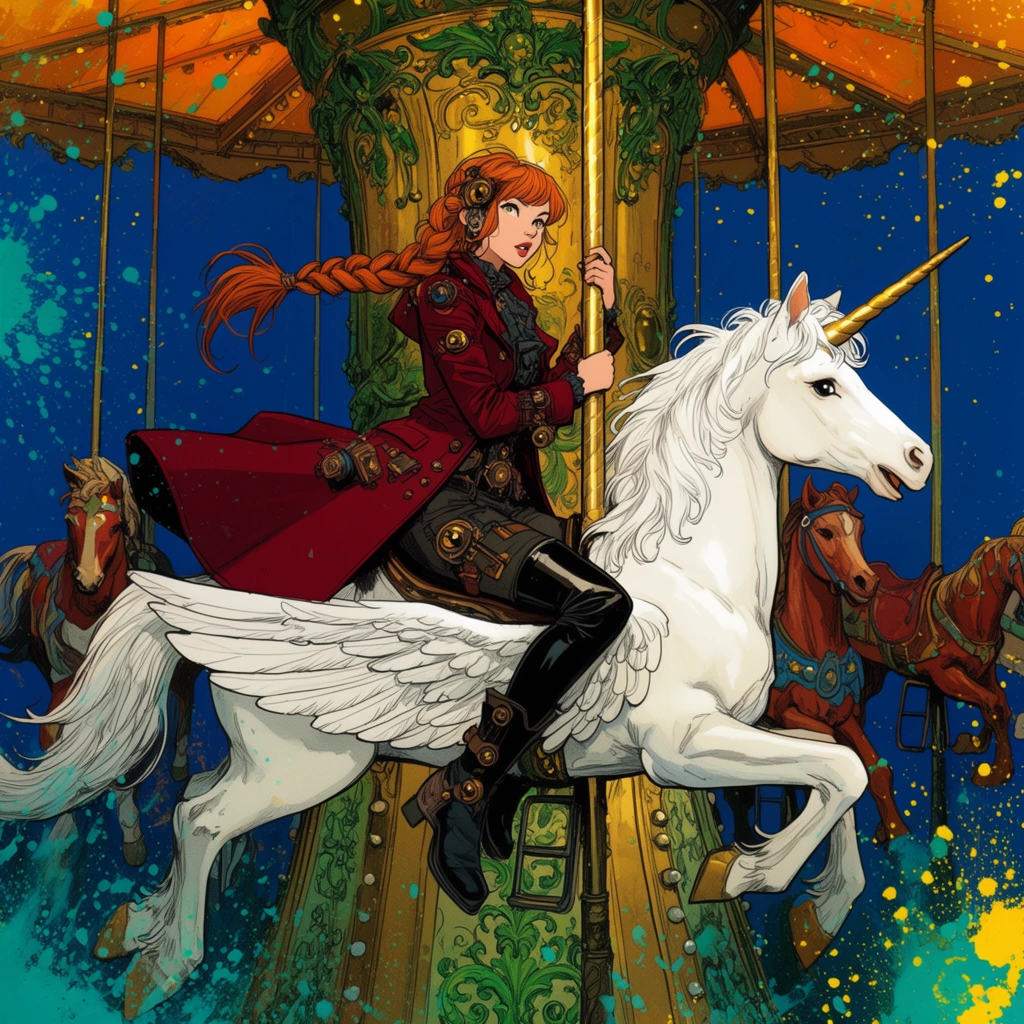 young woman with long braided copper hair wearing a crimson steampunk coat, riding a white carousel winged unicorn with a golden horn, grasping a bright brass pole, ornate golden central carousel pillar with green filigree, amber canopy, secondary wooden horses in the background against a deep blue sky, dramatic teal and yellow paint splatters scattered across the composition, highly detailed comic book illustration, crisp ink outlines, vibrant colors, surreal fantasy atmosphere