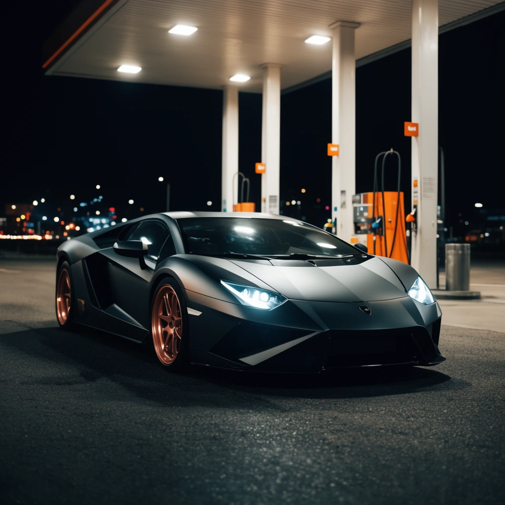 A matte dark gray sports car with glowing headlights and copper wheels sits at a brightly lit gas station at night. The angular vehicle rests on asphalt beneath a canopy with tall white pillars and orange fuel dispensers. Overhead fluorescent lights cast dramatic highlights on the car's aerodynamic body. The cinematic night photography features sharp foreground focus, deep contrast, and blurred distant city lights against a pitch-black sky.