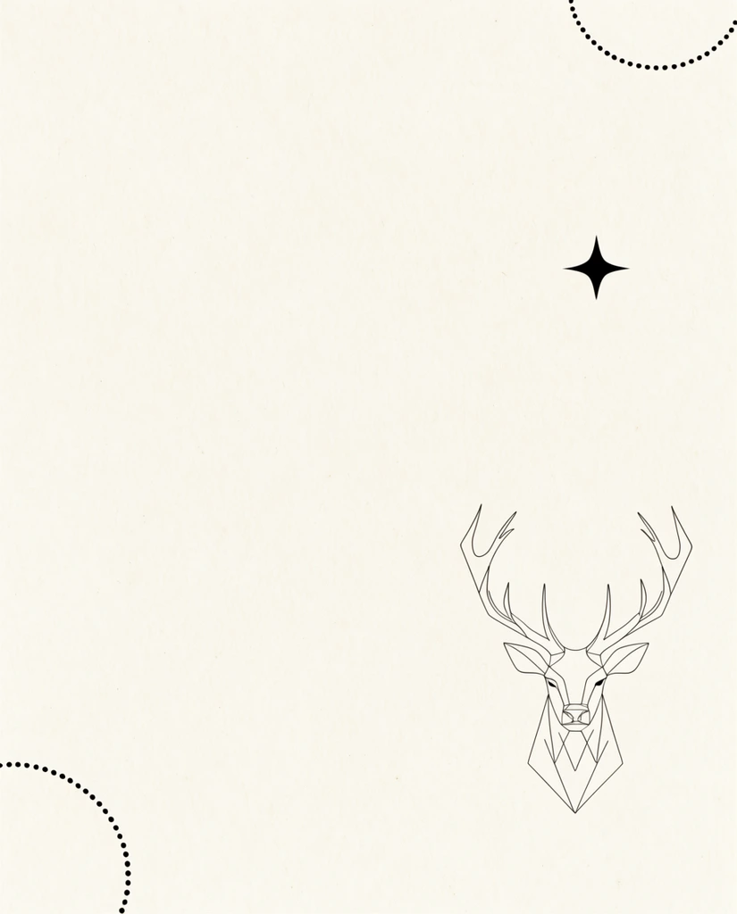 minimalist graphic design layout, off-white subtly textured background resembling fine cream paper, scattered small solid black decorative elements, sharp four-pointed starburst, delicate geometric line-art illustration of a stag head, fine black dotted curved lines forming a partial circle, high contrast black on cream, elegant spacious composition, vast negative space, subtle uniform organic grain texture, flat 2D presentation, clean vector-style graphics
