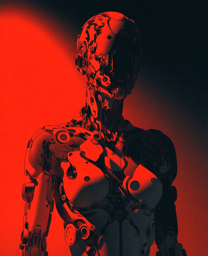 robotic humanoid figure with complex interlocking plates, high-contrast palette of vibrant crimson red and deep charcoal black, dramatic rim lighting catching the sharp mechanical edges, heavy stippling and grainy dithered texture across every surface, soft fluid gradients blending into rich shadows, minimalist cinematic aesthetic, organic silhouettes combined with industrial precision, atmospheric red glow, sand-like noise, moody futuristic composition, sleek high-end product finish