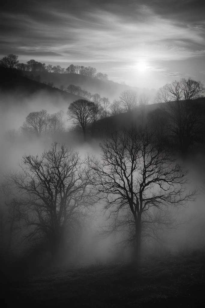 Monochrome Surrealist Solitude style AI image example 2