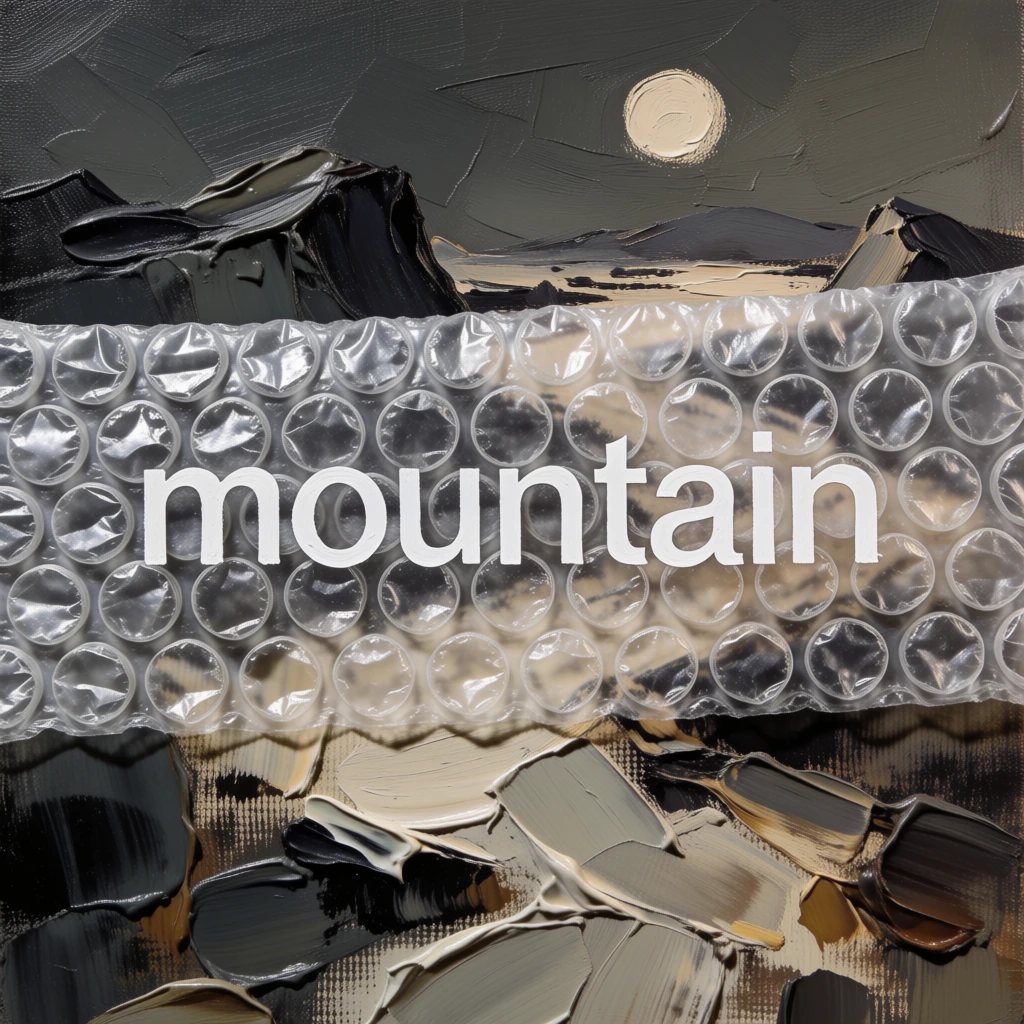 heavy impasto oil painting depicting a jagged mountain range and a low-hanging moon seen through a tactile layer of translucent bubble wrap, the typographic text "mountain" fragmented by circular refractions, thick gestural brushstrokes, high-signal white highlights creating a plastic sheen, muted palette of charcoal and sepia with minute red accents, macro framing, repetitive spherical geometry, blurred background forms, visceral painterly texture