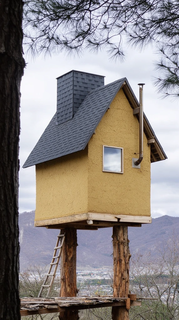 An elevated cabin balances atop two tall unsawn tree trunks. The structure features rough earth-toned yellow walls, a steeply pitched dark gray shingled roof, and a blocky shingled chimney extension. A slender metal stovepipe juts from the right side, and a square window reflects the overcast sky. A wooden ladder leans against a supporting trunk near a rustic lower platform. Framed by a thick dark tree trunk on the left and overhanging pine branches, the distinct architecture overlooks muted purple-grey mountains and a distant valley town beneath a clouded sky in crisp daylight.